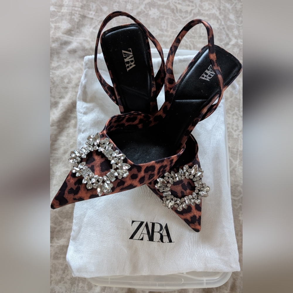 ZARA Leopard-Print Crystal-Embellished Slingback Pumps - Brown & Black